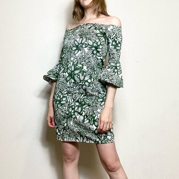 H&M Green & White Floral Off the Shoulder Bell Sleeve Sheath Dress - Picture 2 of 6